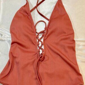 Felnart Women's One Piece Swimsuits Solid Color Lace Up open back Size L